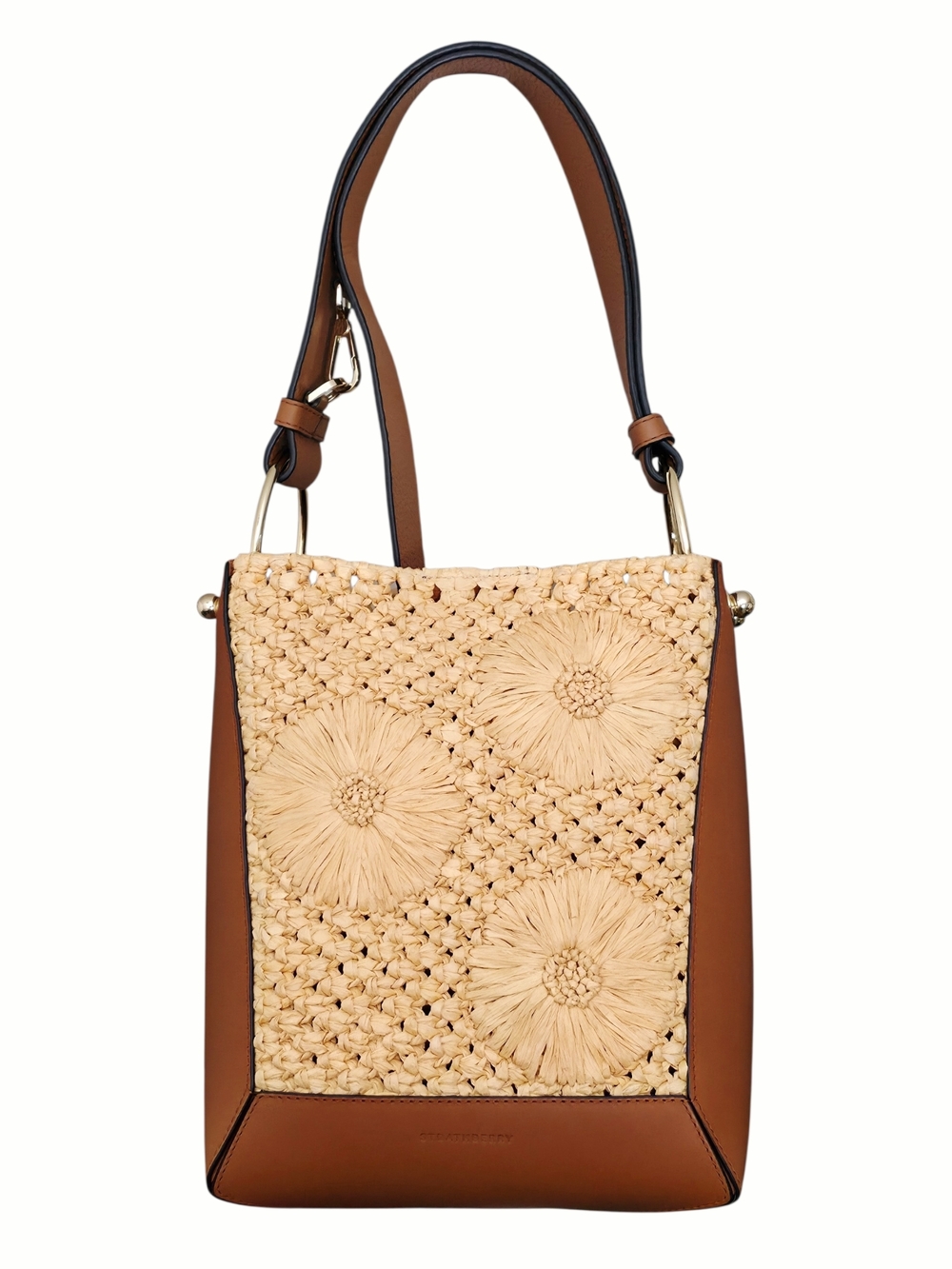 Strathberry Lana Midi Bucket Bag Raffia Leather Woven Floral Shoulder - Picture 3 of 10